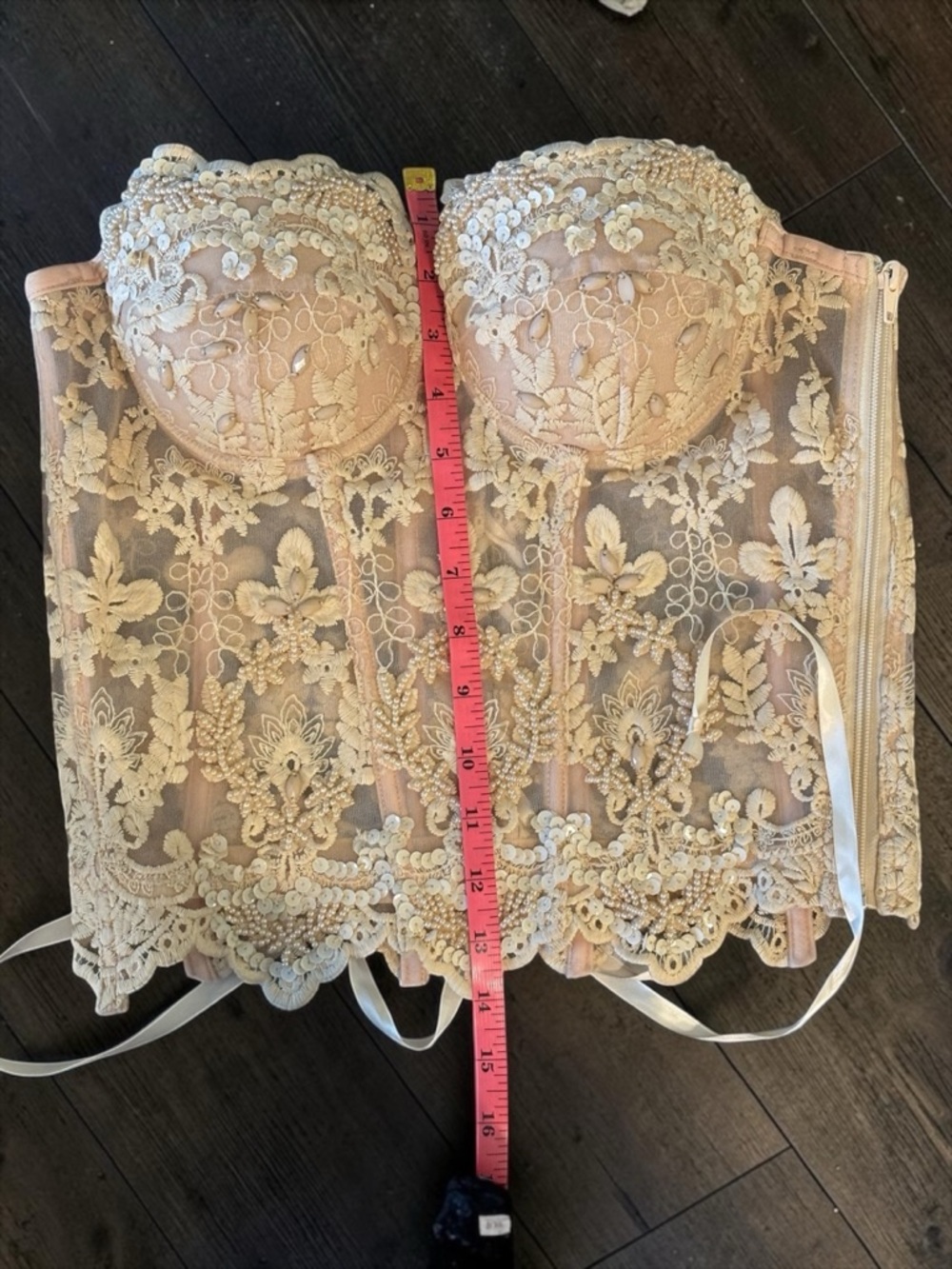 Lydia Champagne Beaded Lace Corset Bustier Sheer Mesh Sequin Strapless Small - Picture 7 of 13